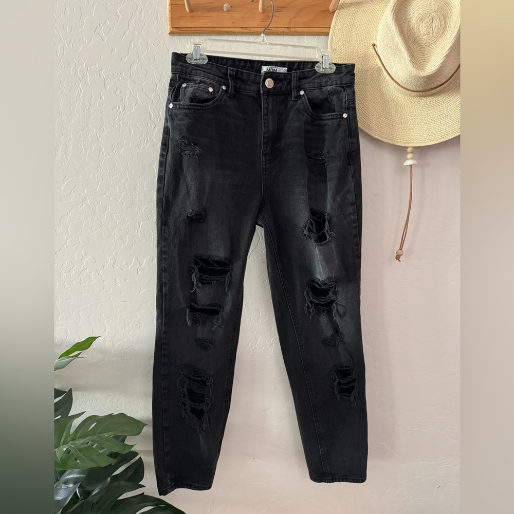 Refuge High Rise Black Distressed MOM Jeans